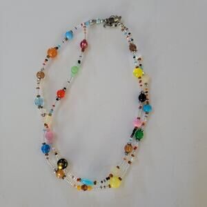 Retro Vintage 16 Inch Multicolor Glass Bead Necklace Double Strand Boho Festival